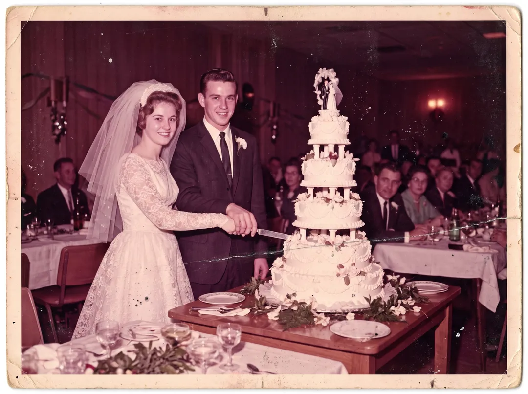 Damaged old photo of a 1960s bride and groom cutting their wedding cake: magenta fade, dust, a scratch