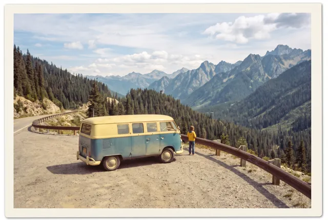 Restored photo of a 1970s camper van at a mountain overlook