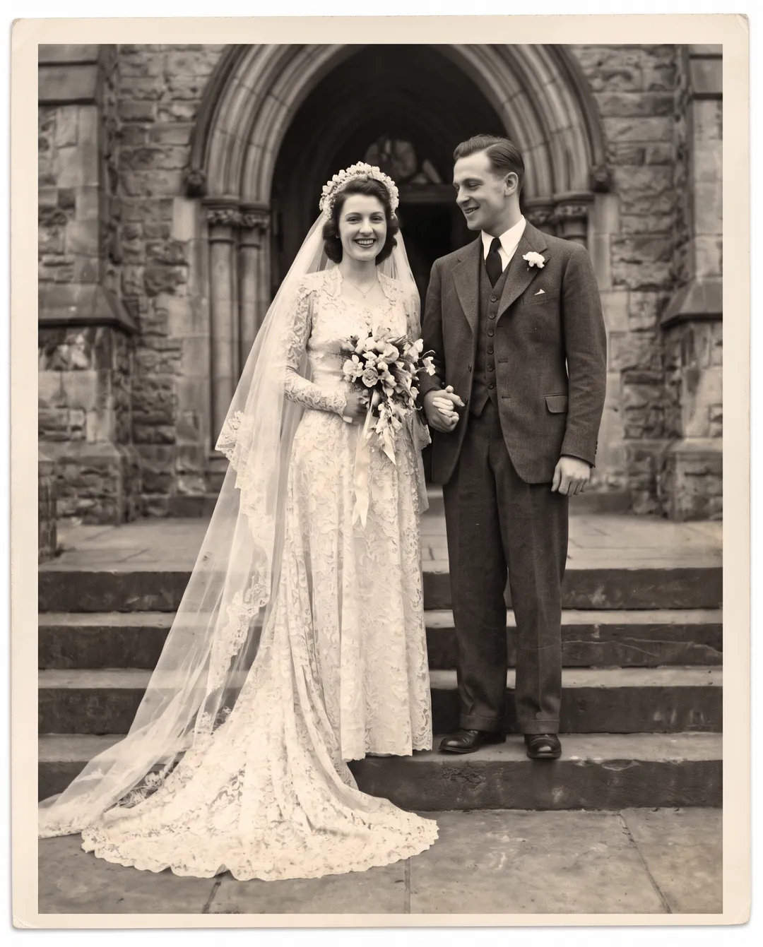 Restored photo of a 1940s bride and groom on church steps