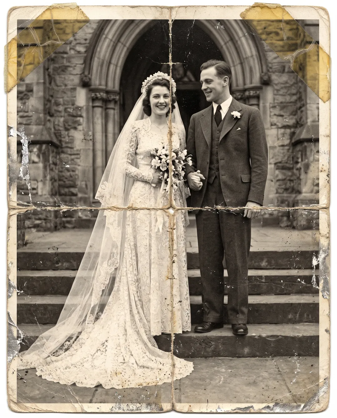 Damaged old photo of a 1940s bride and groom on church steps: cross-shaped creases, tape marks, silvering