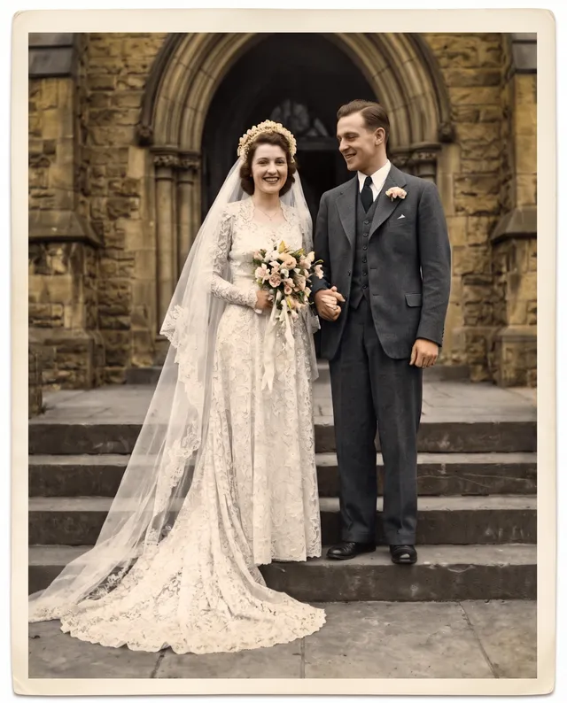 Photo of a 1940s bride and groom on church steps, colorized