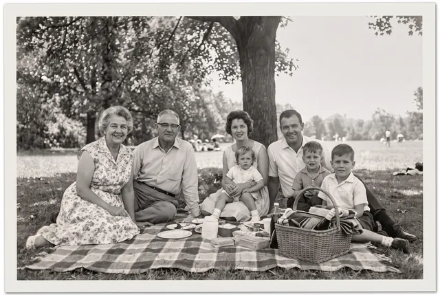Restored photo of a 1960s three-generation family picnic under a tree