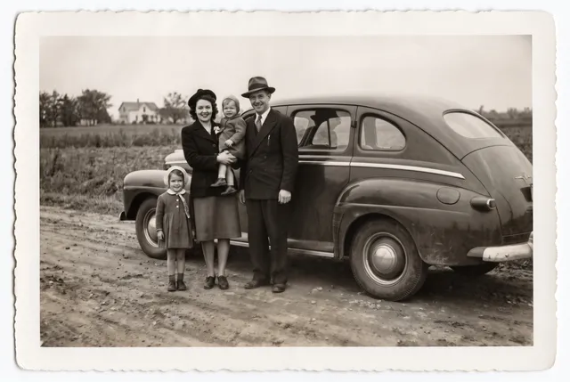 Restored photo of a 1940s family beside a rounded sedan on a dirt road