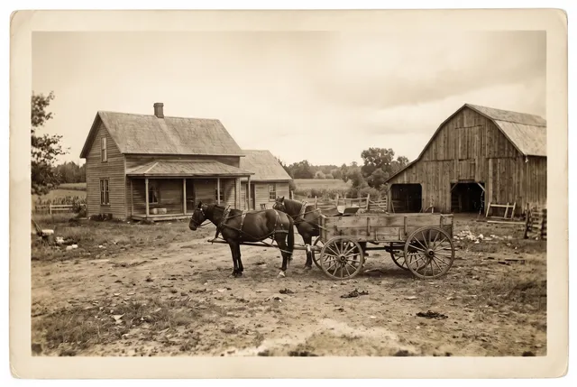 Restored photo of a 1930s farmhouse with a barn, horses and a wagon