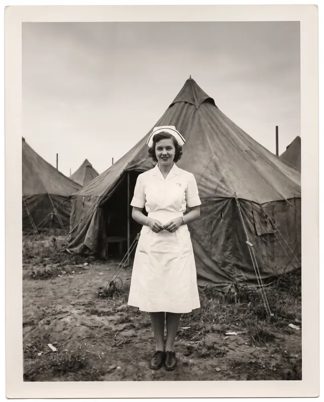 Restored photo of a 1940s nurse in uniform in front of canvas tents