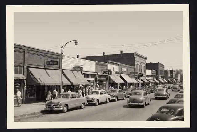 Restored photo of a 1950s small-town main street with old cars