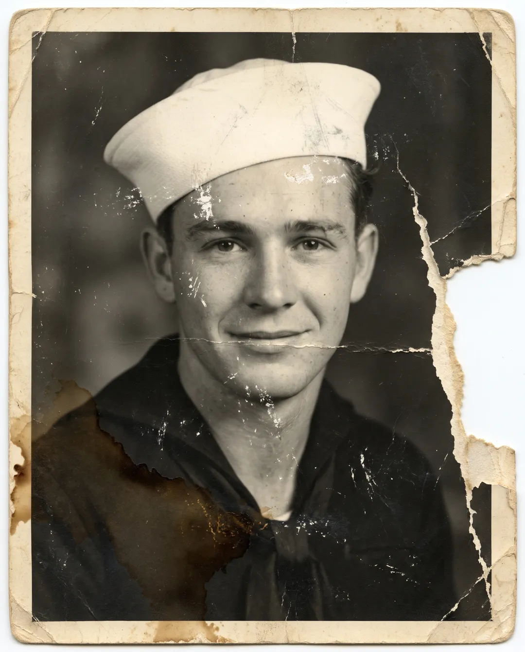 Damaged old photo of a 1940s portrait of a young sailor: torn edge, coffee stain, scratches