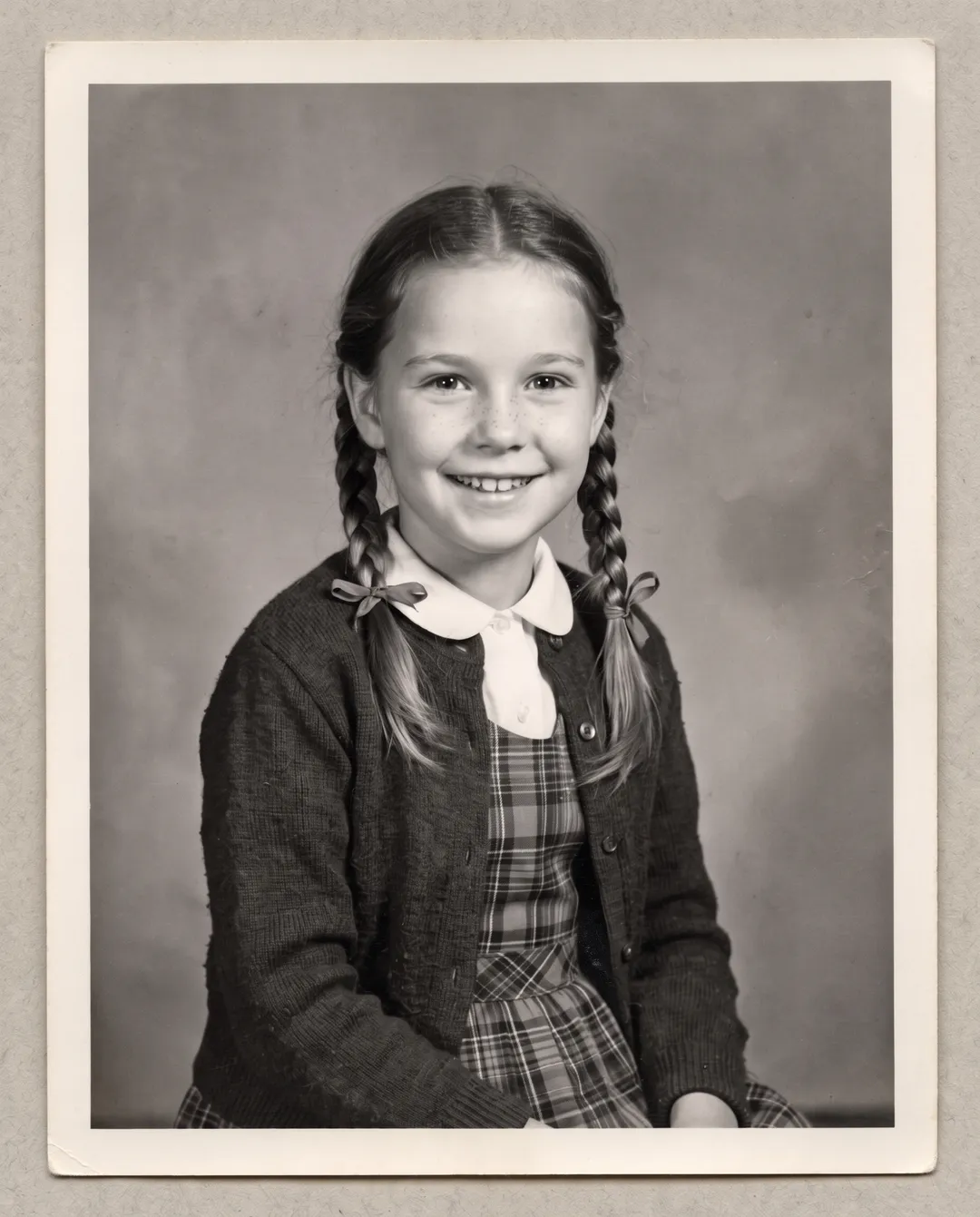 Restored photo of a 1950s school portrait of a girl with two braids