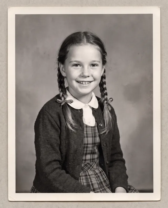 Restored photo of a 1950s school portrait of a girl with two braids