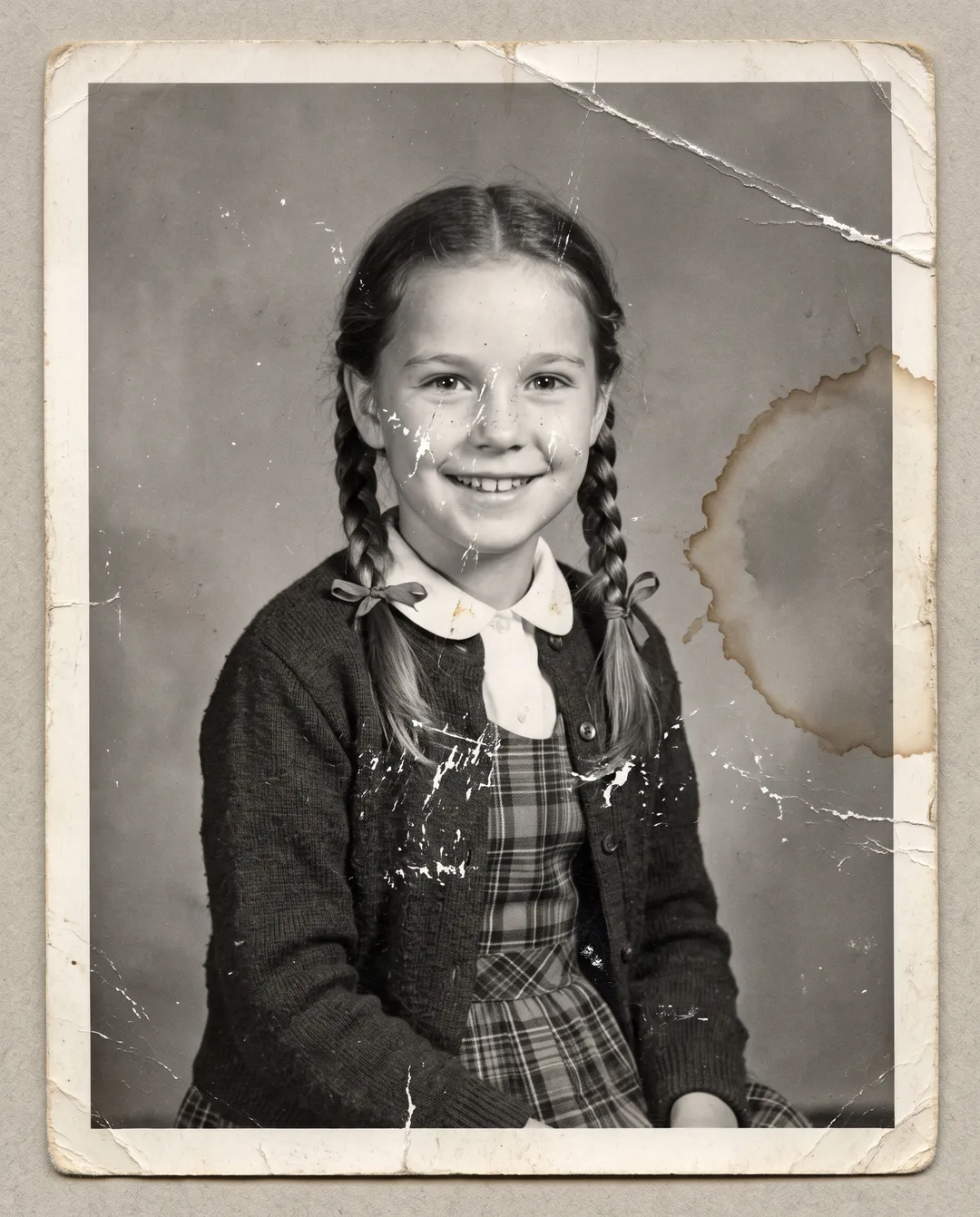 Damaged old photo of a 1950s school portrait of a girl with two braids: water stain ring, scratches, a crease