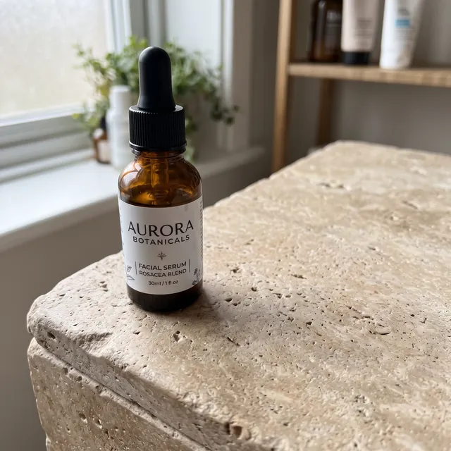 Amber glass serum bottle on beige stone, after removing the cotton pad and hair tie