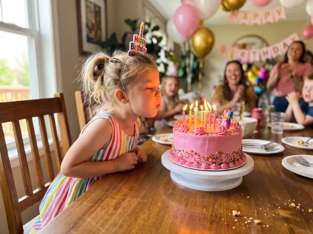 Girl blowing out birthday candles, after removing the soda can, napkin and plastic cup
