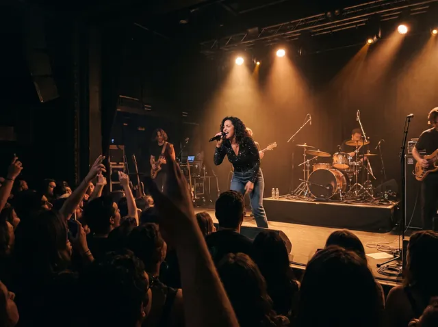 Singer on a stage under warm spotlights, after removing the phone held up in the crowd