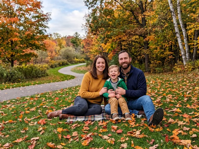 Family of three on a park lawn in autumn, after removing the jogger