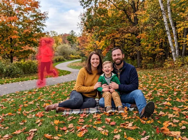 Family of three on a park lawn in autumn, jogger painted over with the red brush