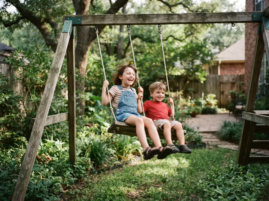 Vintage film photo of two kids on a swing, after removing the orange date stamp text