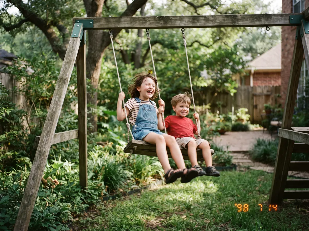 Vintage film photo of two kids on a swing, with orange date stamp text in the shot