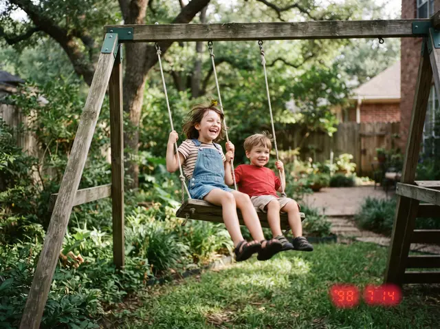 Vintage film photo of two kids on a swing, orange date stamp text painted over with the red brush