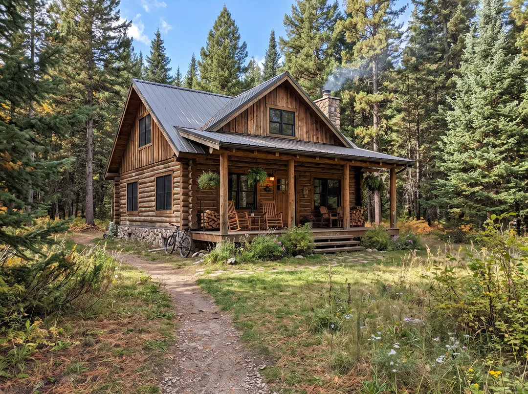Wooden cabin in a pine forest, after removing the for sale sign