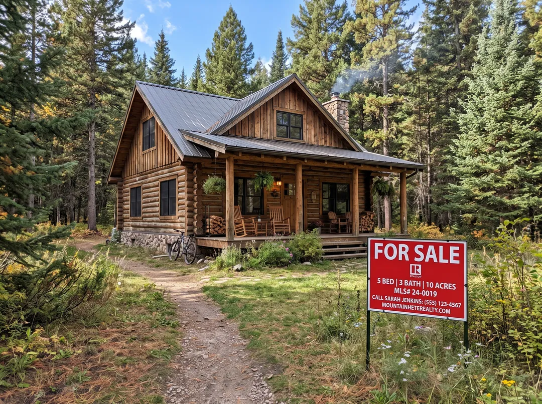 Wooden cabin in a pine forest, with for sale sign in the shot