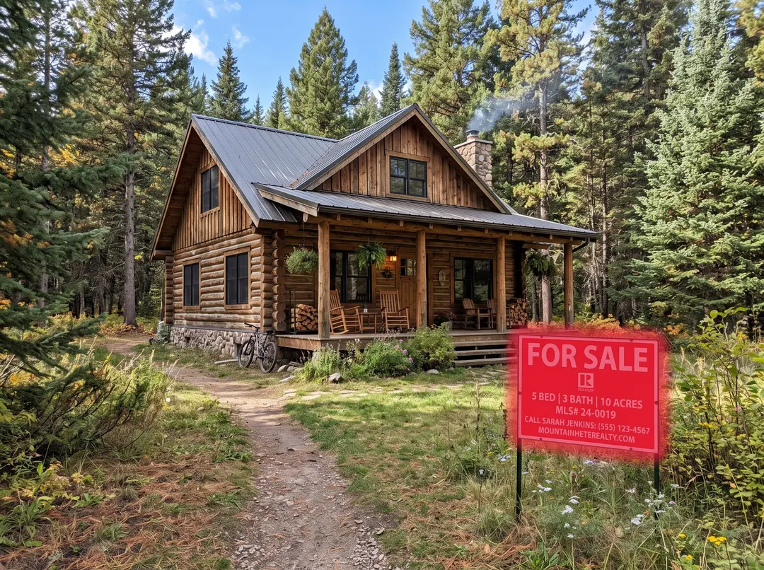 Wooden cabin in a pine forest, for sale sign painted over with the red brush