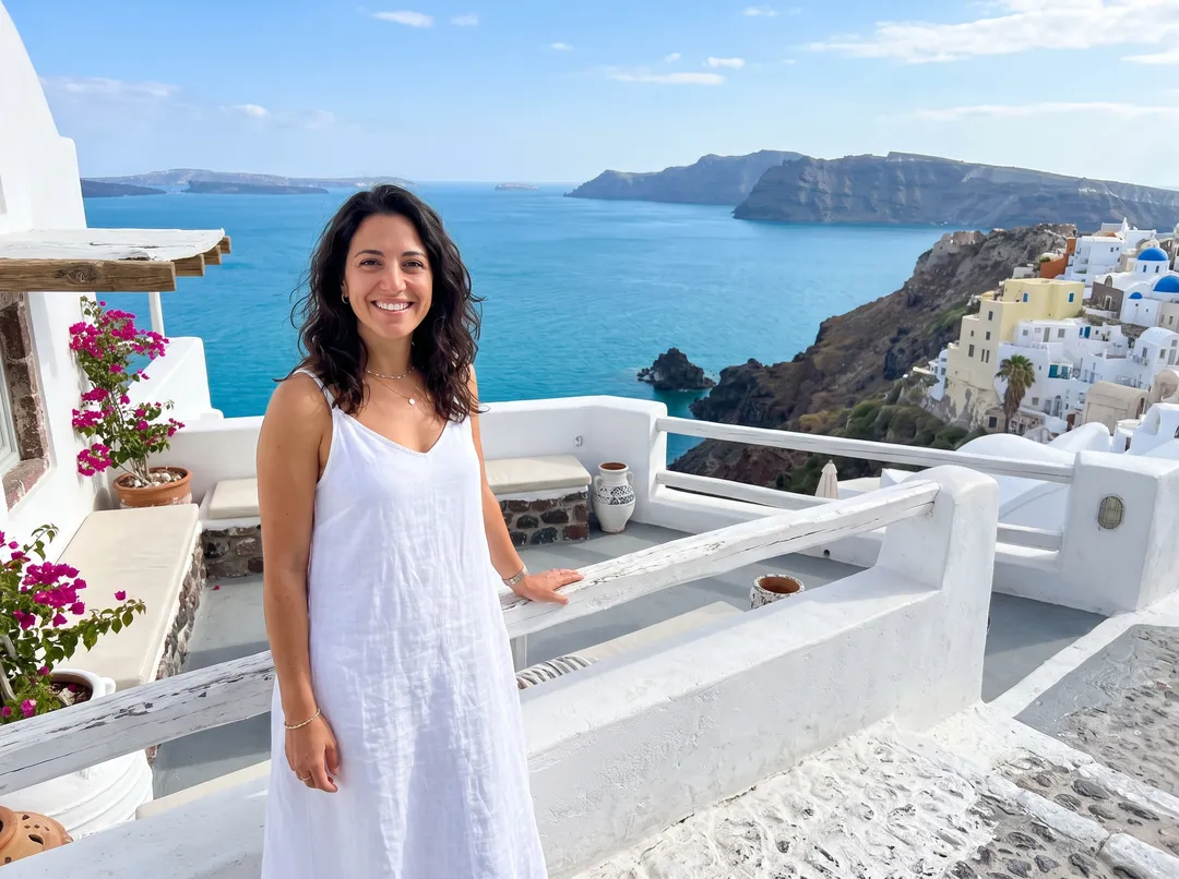 Woman in a white dress on a Greek island terrace, after removing the two tourists