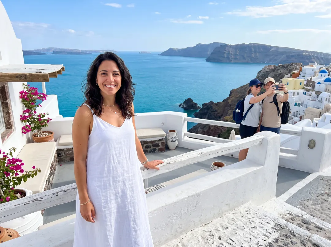 Woman in a white dress on a Greek island terrace, with two tourists in the shot