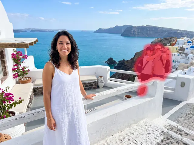 Woman in a white dress on a Greek island terrace, two tourists painted over with the red brush