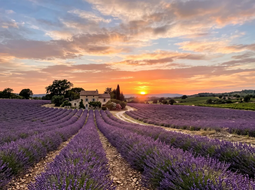 Lavender field and stone farmhouse at sunset, after removing the power pole and wires