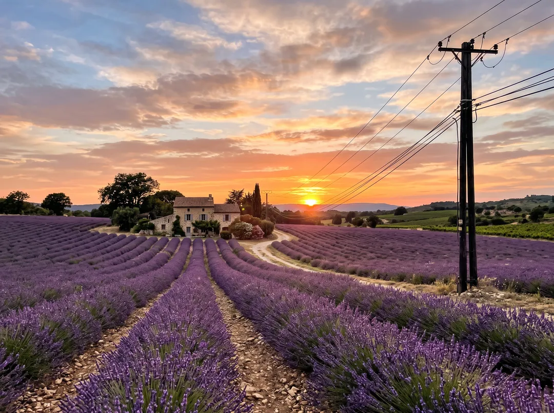 Lavender field and stone farmhouse at sunset, with a power pole and wires in the shot