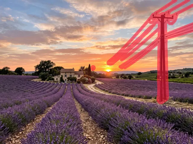 Lavender field and stone farmhouse at sunset, power pole and wires painted over with the red brush