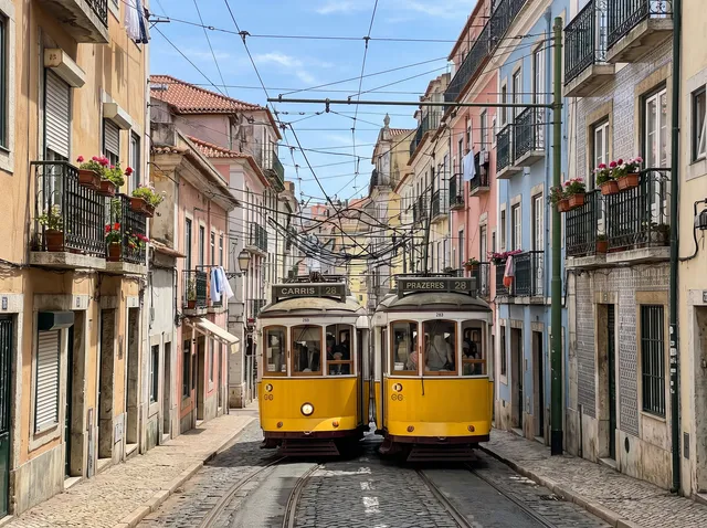 Narrow Lisbon street with yellow trams, after removing the pedestrians