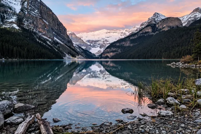 Mountain lake at sunrise, after removing the plastic bottle and buoy