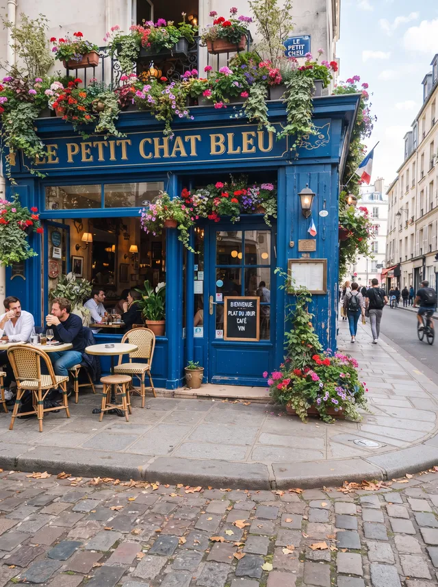 Blue cafe storefront in Paris, after removing the electric scooter
