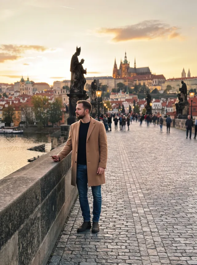 Man in a camel coat on a stone bridge in Prague, after removing the three people in rain jackets