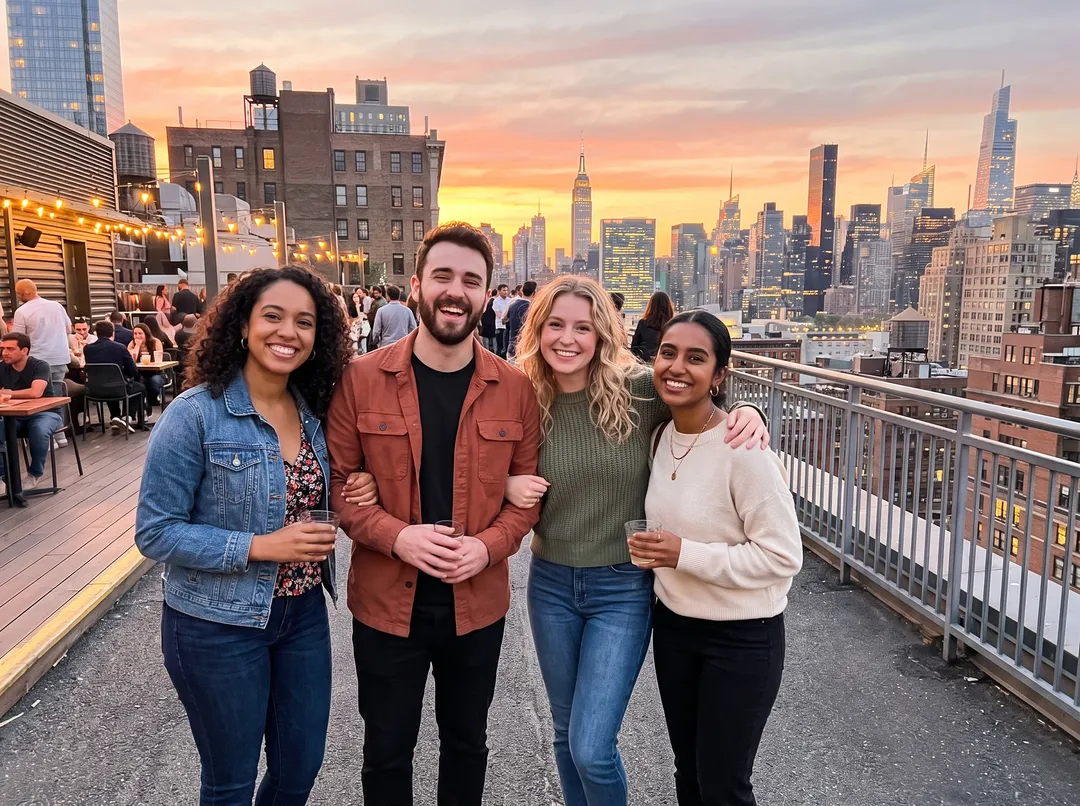 Four friends posing on a city rooftop at sunset, after removing the stranger walking behind