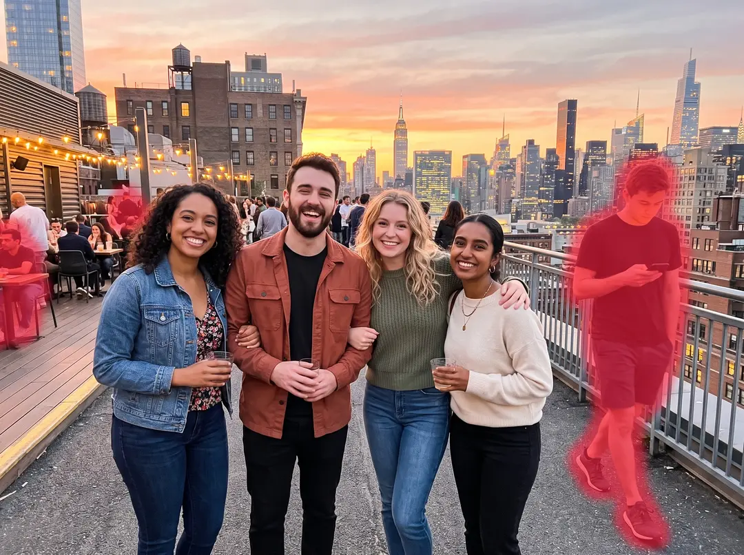 Four friends posing on a city rooftop at sunset, stranger walking behind painted over with the red brush