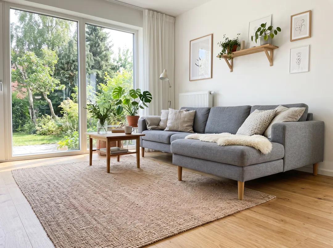 Bright Scandinavian living room, after removing the toys, backpack and shoes