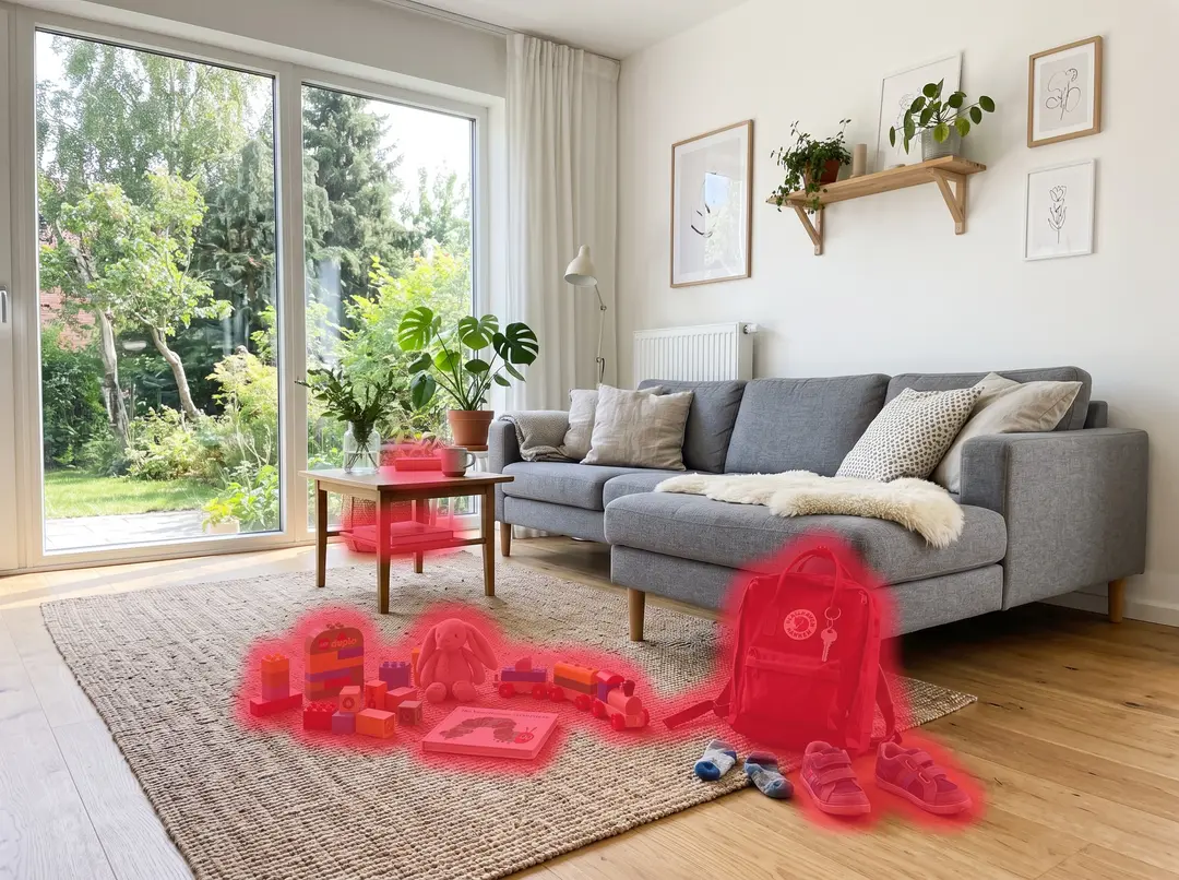 Bright Scandinavian living room, toys, backpack and shoes painted over with the red brush