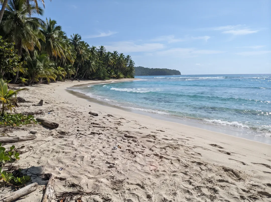 Tropical beach with turquoise water and palm trees, after removing the trash bin and cooler