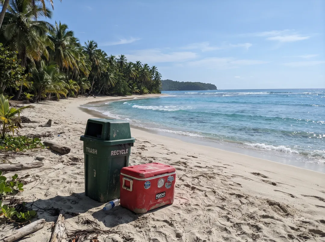 Tropical beach with turquoise water and palm trees, with trash bin and cooler in the shot