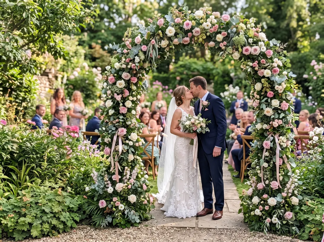 Bride and groom kissing under a floral arch, after removing the guest holding phone