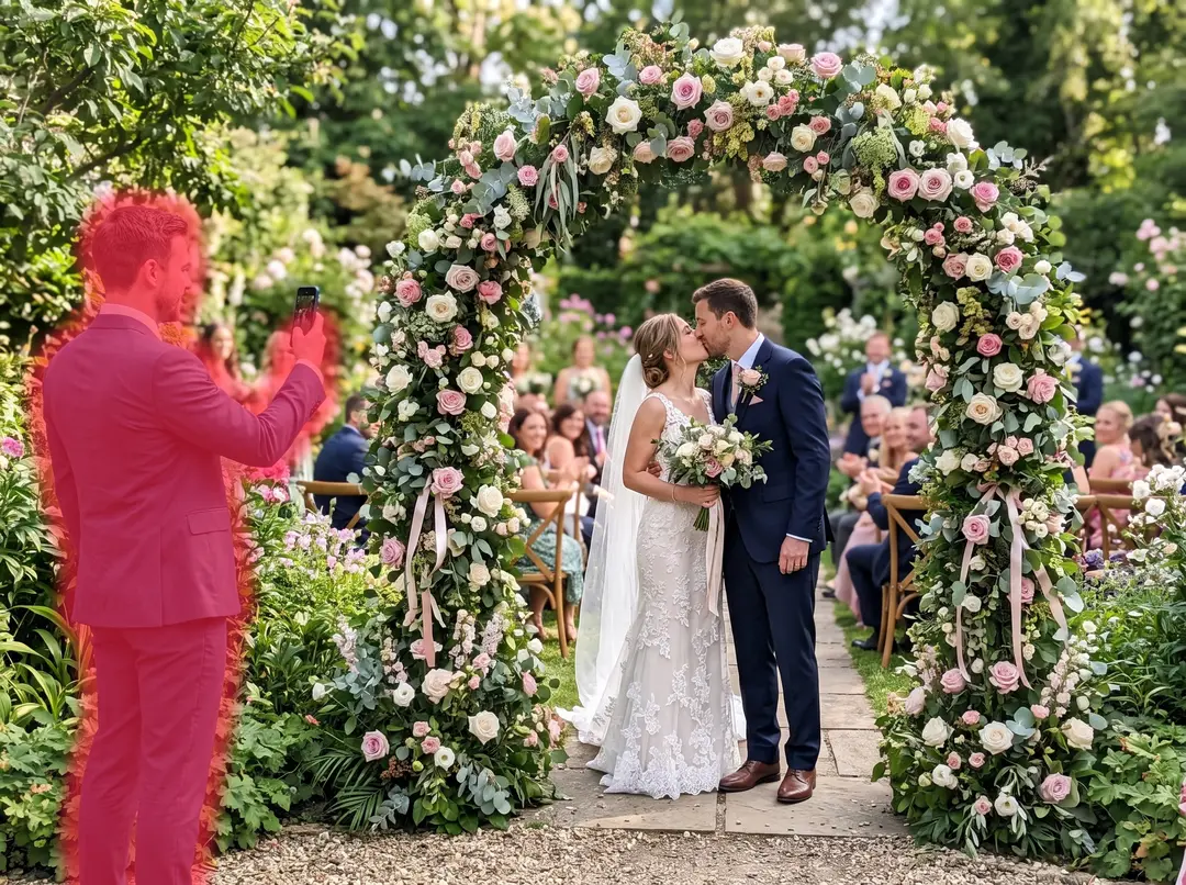 Bride and groom kissing under a floral arch, guest holding phone painted over with the red brush