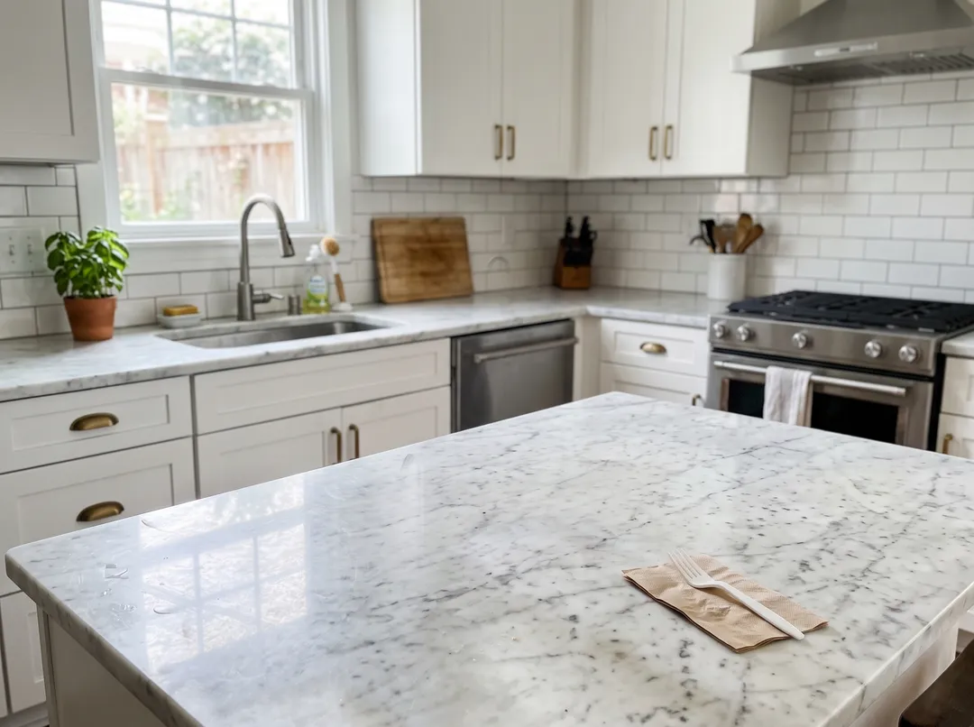 White kitchen with marble counters, after removing the dishes, paper towels and takeout bag