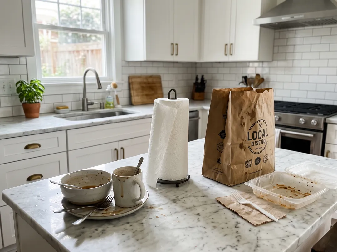 White kitchen with marble counters, with dishes, paper towels and takeout bag in the shot