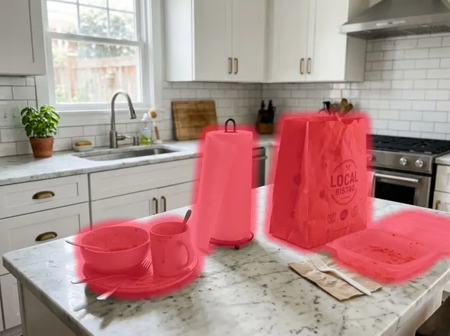 White kitchen with marble counters, dishes, paper towels and takeout bag painted over with the red brush