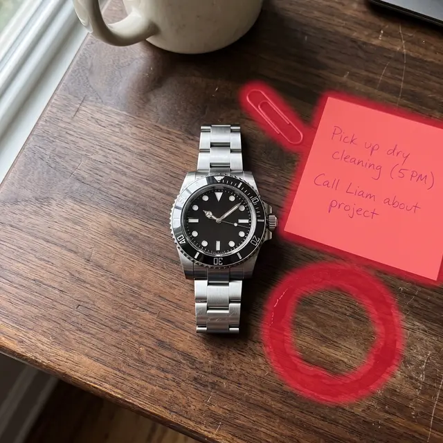 Silver dive watch on a walnut desk, sticky note, paperclip and coffee stain painted over with the red brush