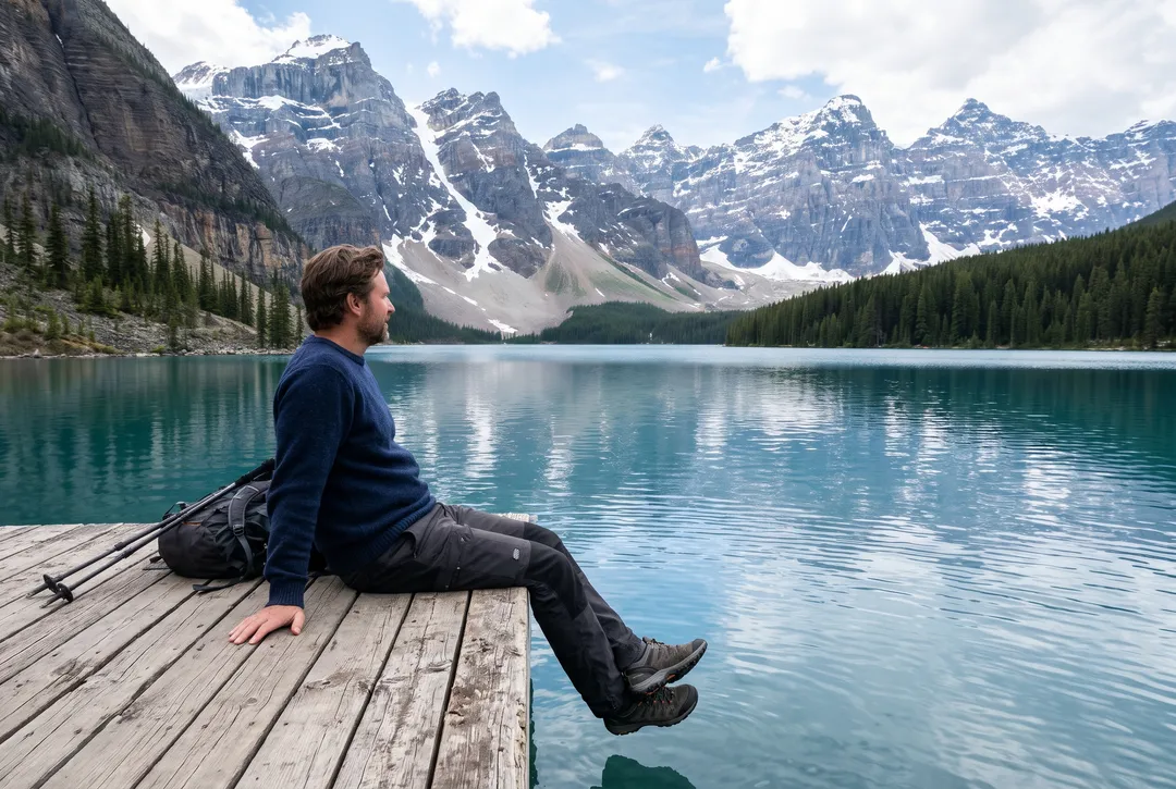 Photo of a man sitting on a wooden dock at an alpine lake, after removing people in two kayaks