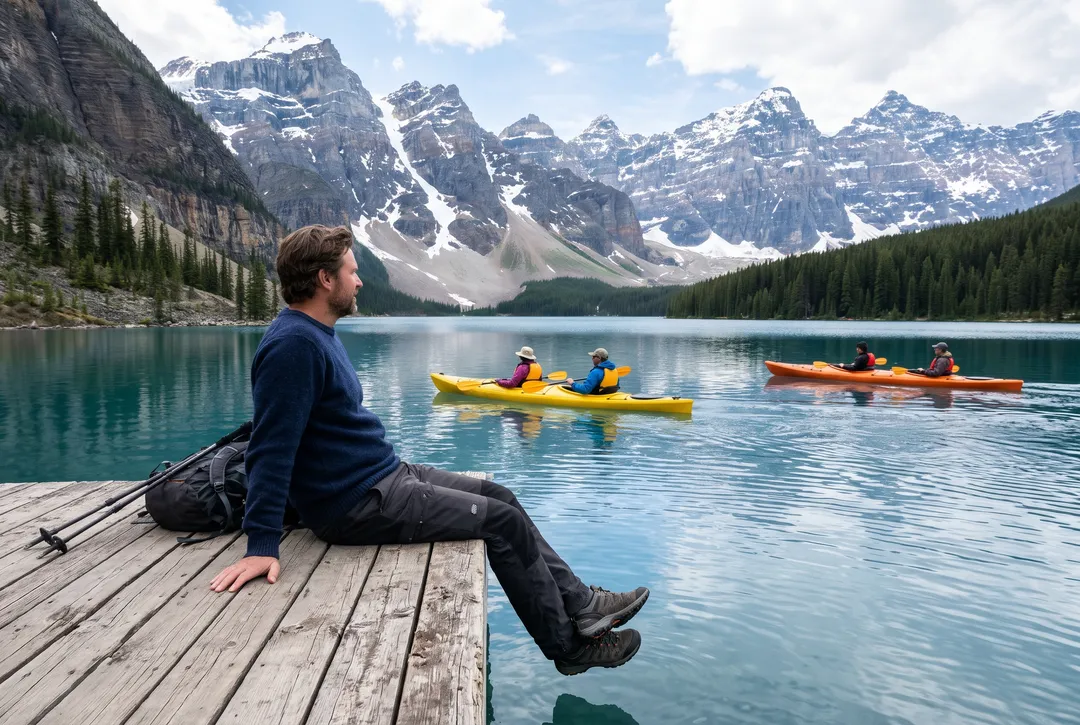 Photo of a man sitting on a wooden dock at an alpine lake, with other people in the frame