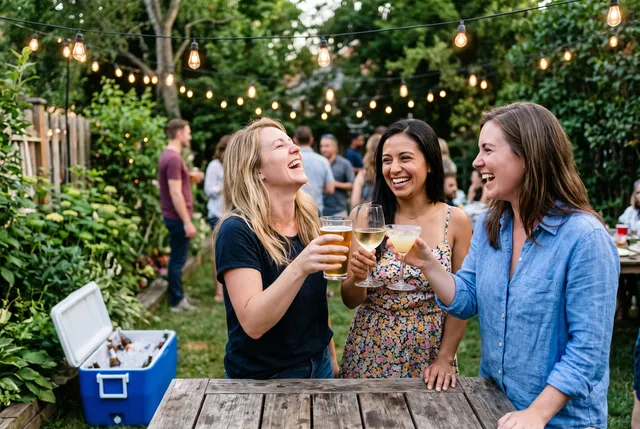 Photo of three friends raising glasses at a backyard party with string lights, after removing a man bending over a cooler